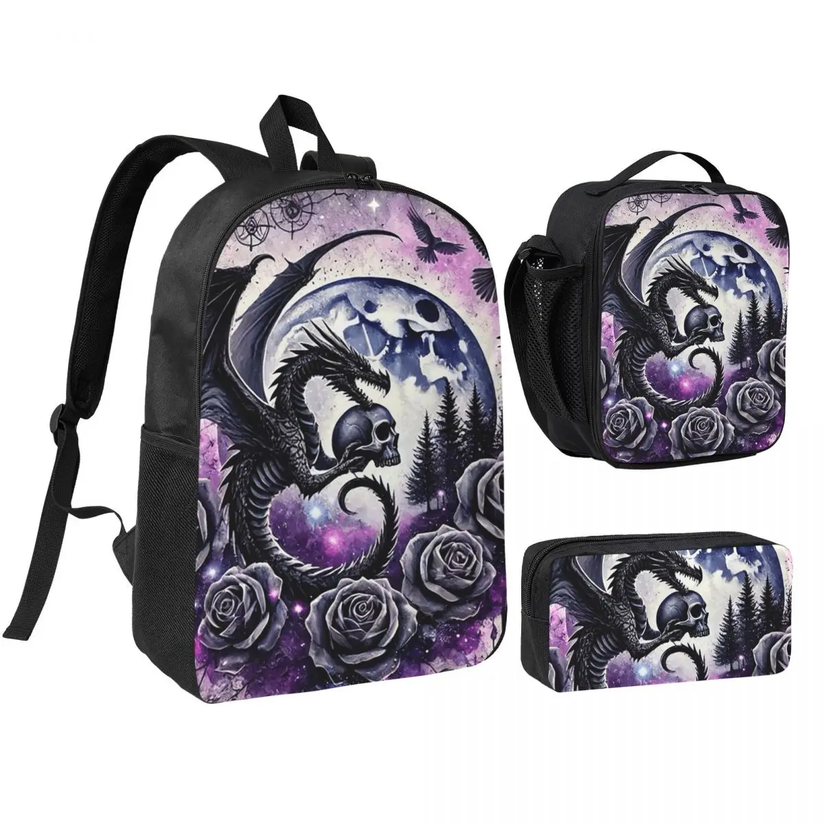 Dragon And Purple Rose Design Backpack Student BookBag School Bag Shoulder Bags 3ps Insulated Lunch Bag Pencil Case
