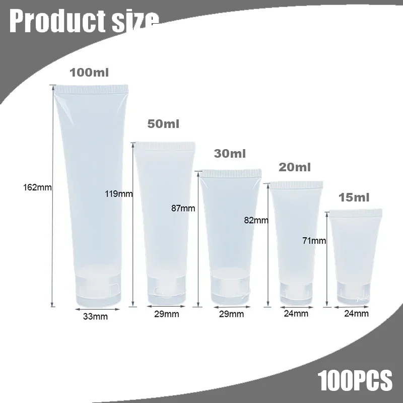 빈 플라스틱 PE 화장품 소프트 튜브 플립 뚜껑 샘플 병, 페이셜 클렌저, 핸드 크림, 메이크업 로션 용기, 100 개, 15ml-100ml