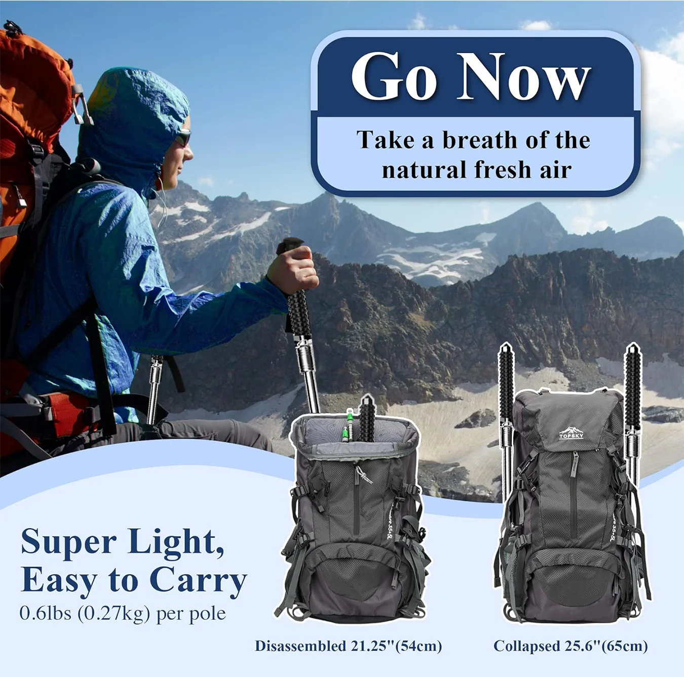 عمود الرحلات متعدد الوظائف، خفيف الوزن للغاية وقابل للتعديل - مساعد المشي لمسافات طويلة قابل للطي متعدد الأغراض (3 مقاسات) قابل للطي