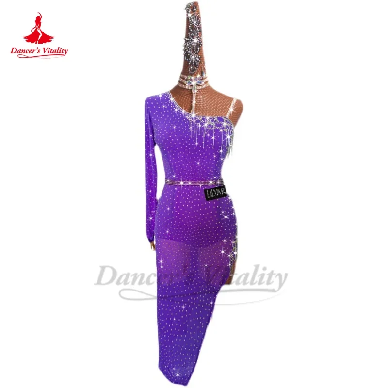 Latin Dance Competition Performance Dress Art Exam Female Elastic Mesh Long Sleeves Skirt Women Tango Latin Practice Dress