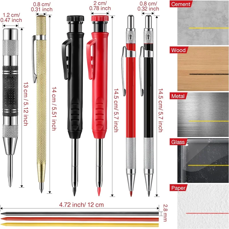 مجموعة أقلام رصاص QWE-Carpenter، 4 أقلام نجار صلبة ملونة مع مبراة، عبوات، ثقب مركزي تلقائي