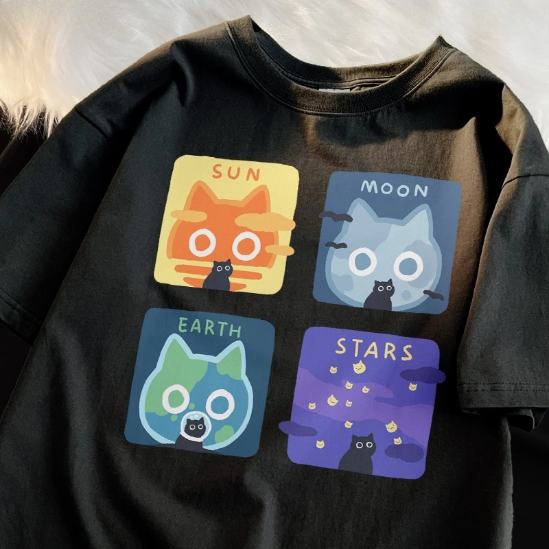 Astronomy Cat Triple Summer Loose Short Sleeve Women's Japanese Pure Cotton Sun Moon Earth Couple T-shirt Women's Shirt