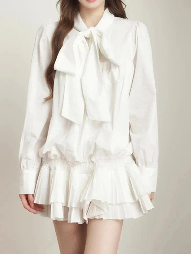 Nova manga comprida branca plissada renda até camisa saia para mulheres moda coreana e doce estilo universitário casual mini vestido feminino