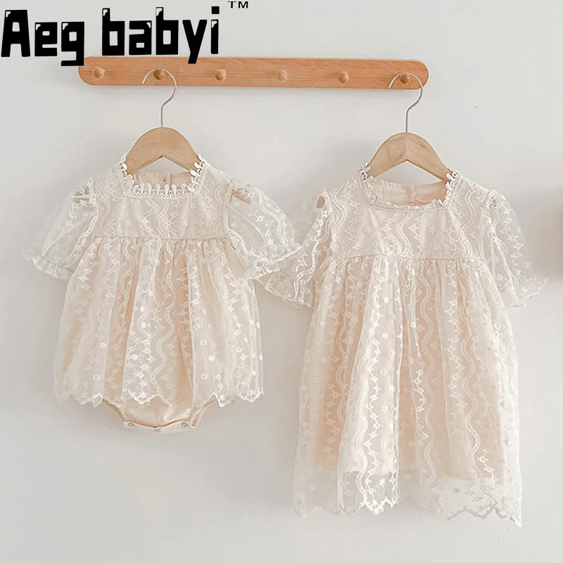 

Baby Girls Clothes Summer New Girls Dress Lace Embroidery Short Sleeve Baby Romper Toddler Princess Dress Matching Sister Outfit