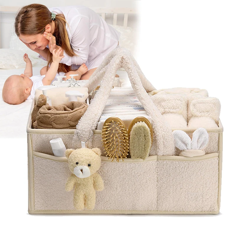 Baby Plush Storage Nursery Organizer Basket Infant Diaper Bag with Handle Caddy Changing Nappy Kids Storage Carrier Large Pocket