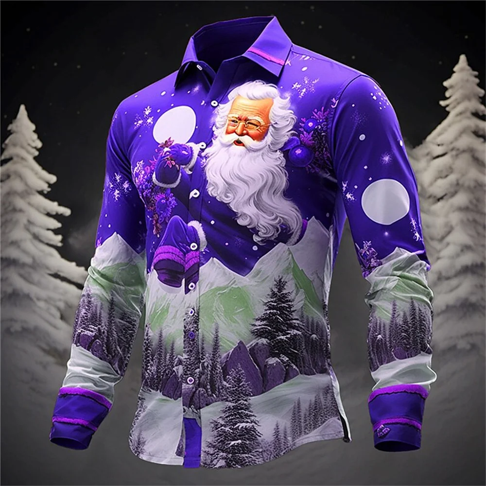 Men Long Sleeve Shirt X‑mas Doodle Sketch Pattern Print Turn‑down Collar Button‑up Casual Snowman Reindeer Holiday Party Top
