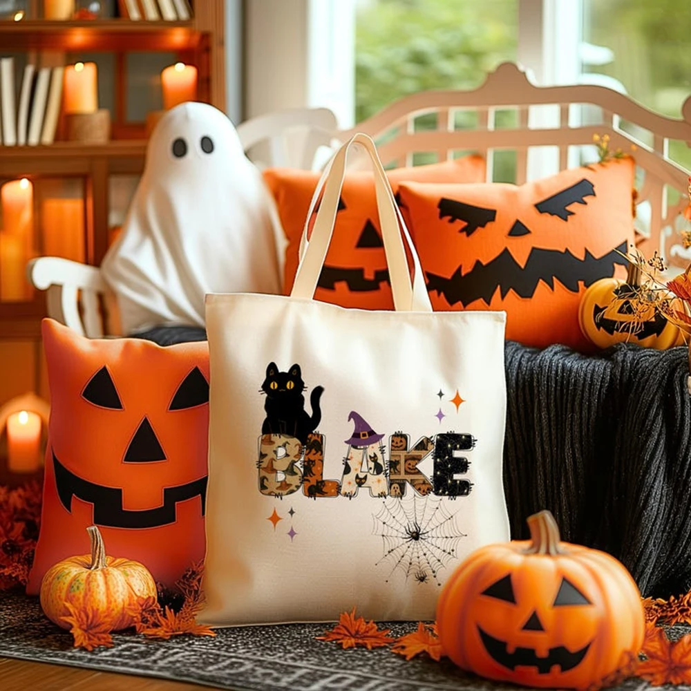 Reusable Canvas 10ps Bag Pumpkin Spider Web Text Personalized Text Artwork Large Shopping Handbag For Girls Boys Halloween Gifts