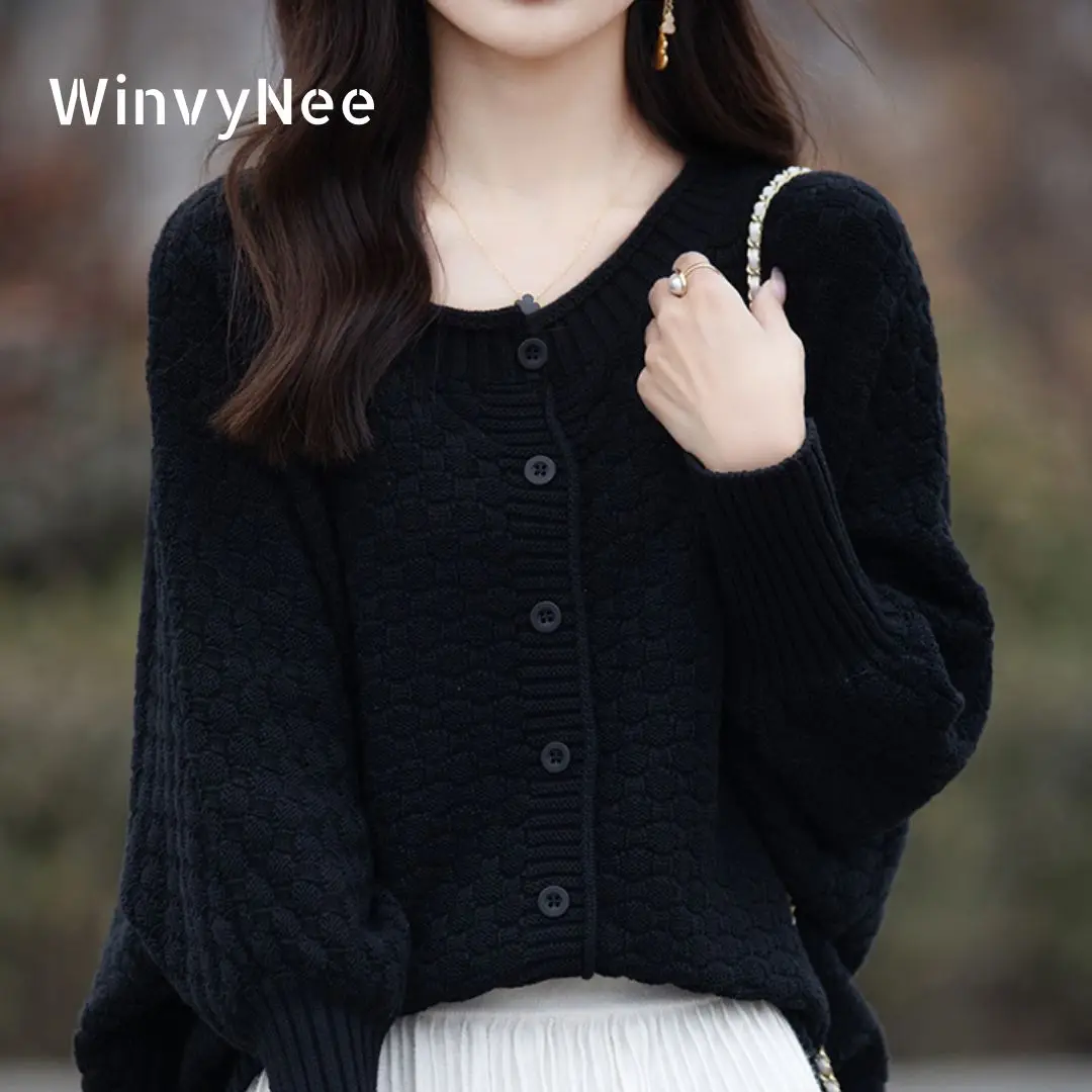 

WinvyNee Cotton Long Sleeve Cardigans Plaid Casual O-Neck Warm Button Outerwear Knitwear Autumn Winter Women Clothing B1572008