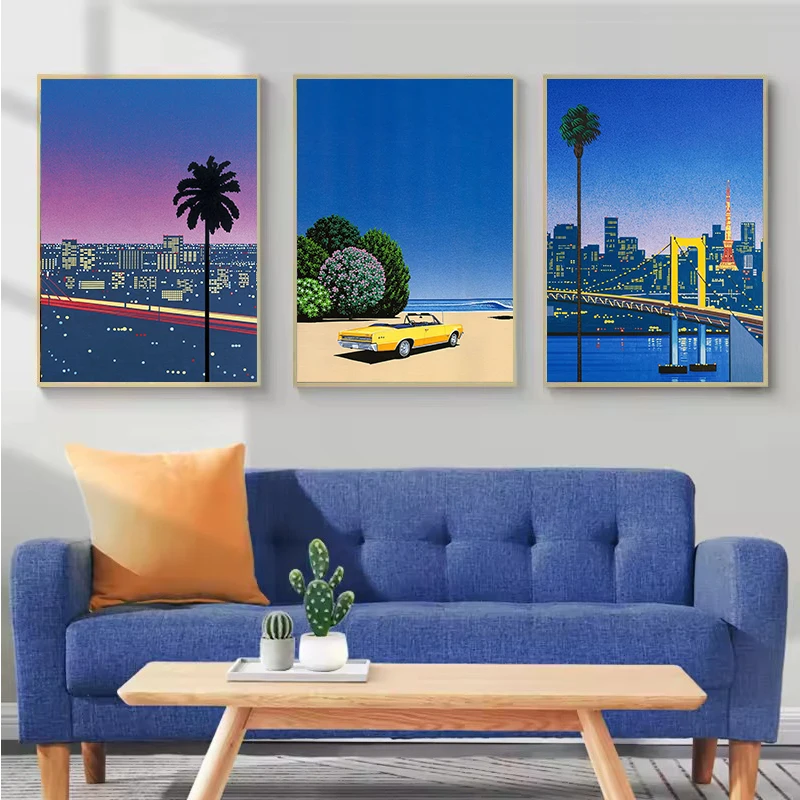 Hiroshi Nagai Vaporwave Japan Beach City Summer Canvas Print Lawn Landscape Wall Art Poster for Nordic Living Room Home Decor
