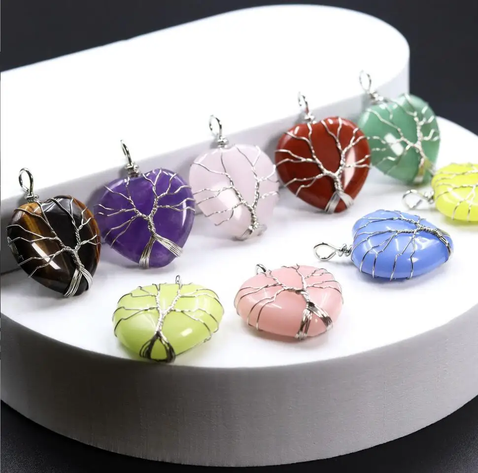 1PC atural roses quartz stone tree of life gold color wire wrapped love heart Pendants for necklace jewelry marking F1698