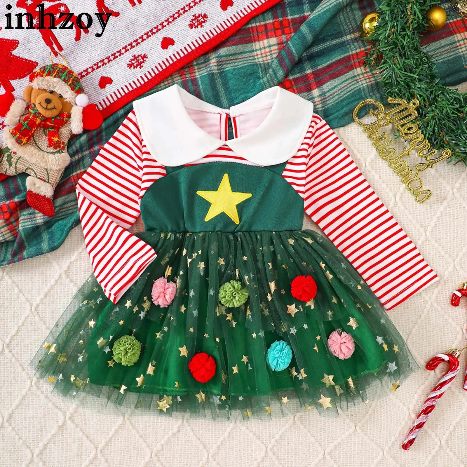 

Платье-пачка из тюля в полоску с длинными рукавами и лацканами для маленьких девочек, праздничное платье для рождественской вечеринки, костюм на Рождество, Новый год, фестиваль, день рождения