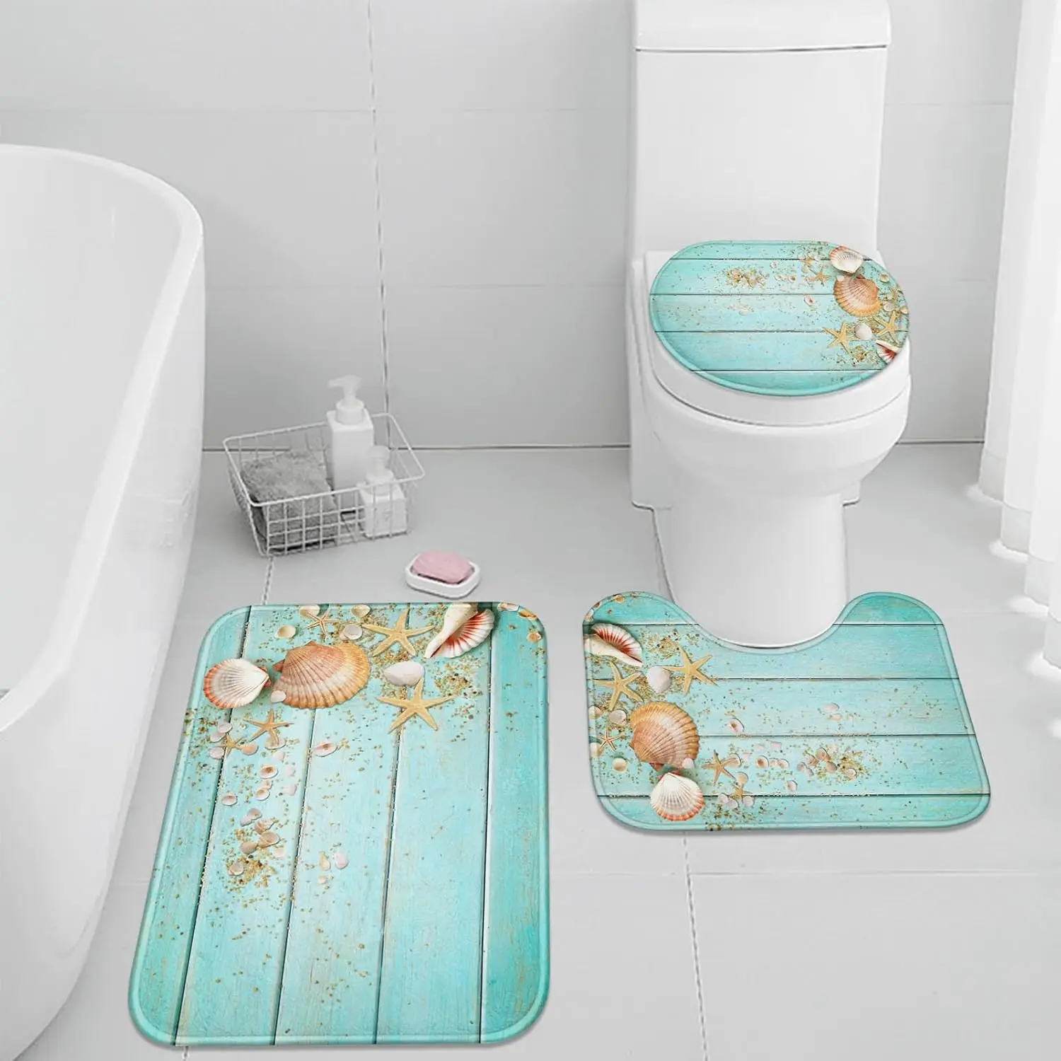 

3PCS Beach Seashell Bath Mat Set, Summer Coastal Non-Slip Washable Floor Rug, Multi-Room Decor for Kitchen Bathroom Bedroom