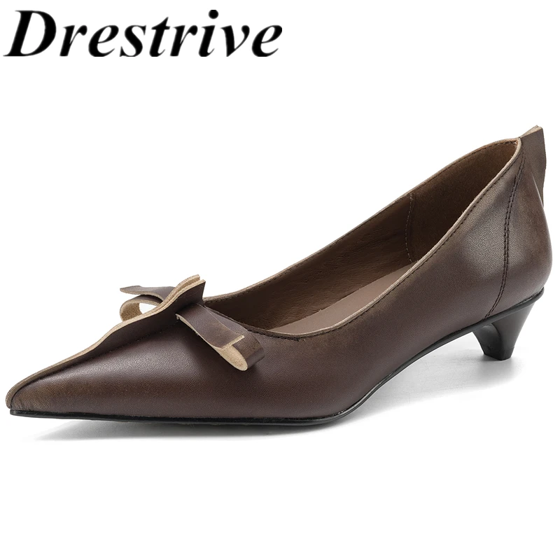 

Drestrive 2026 New Classic Women's Pumps Cow Split Leather Butterfly Knot Pointed Toe Thin Low Heels Handmade Spring Shoes