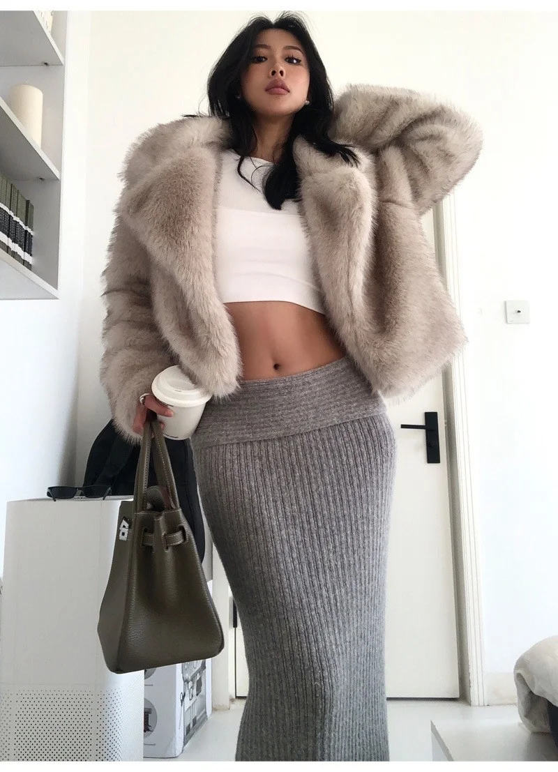 Women Fashion Faux Fur Jacket Vintage Turn-Down Collar Long Sleeve Coat Autumn Winter Woman Elegant Streetwear