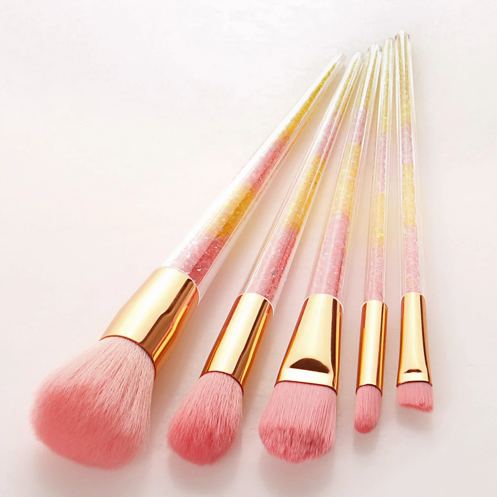 

5pcs in 1 Set Pink Hair Makeup Portable Yellow Crystal Scatter Cone Shape Transparent Handle Makeup Tools Set