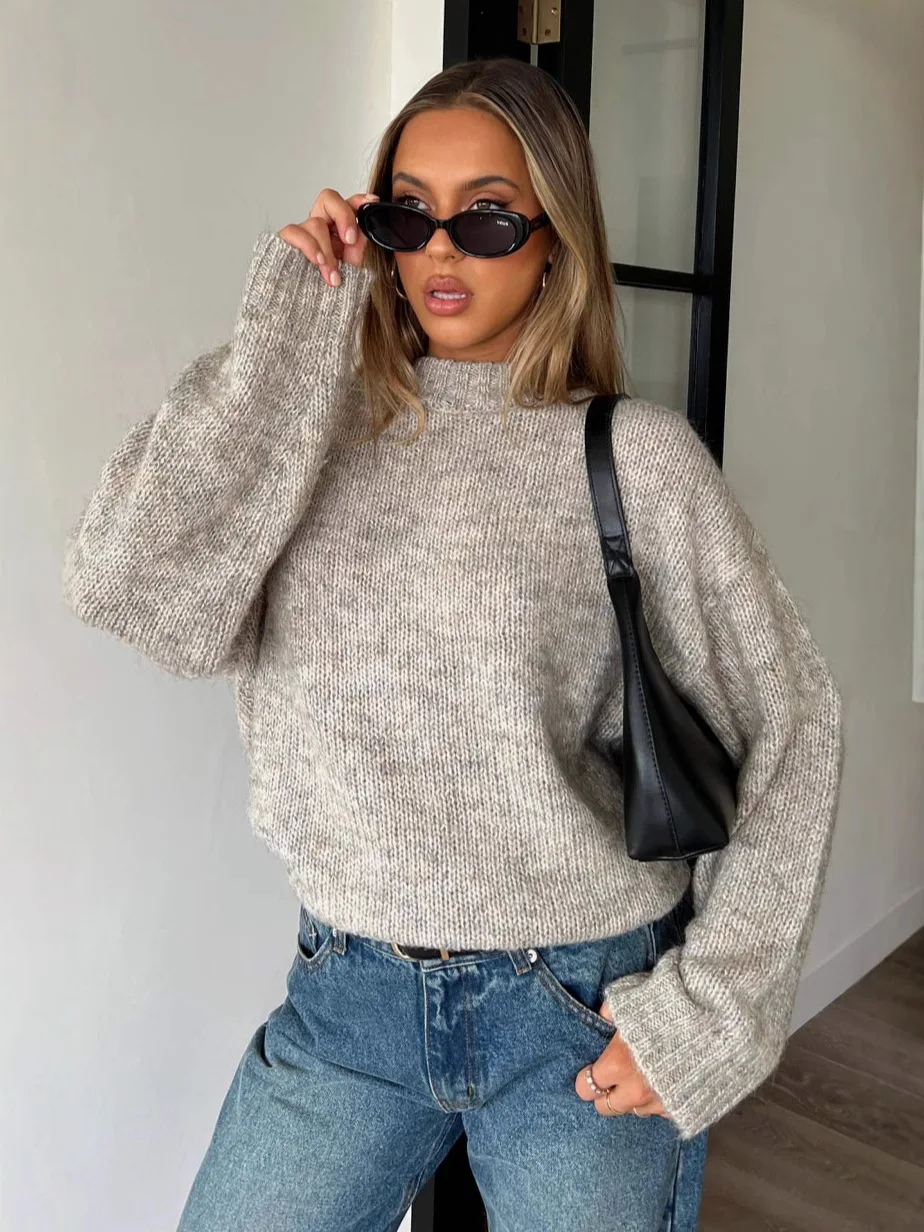 

Thick Casual Pullover Sweater Autumn Winter Women's Knitted Sweater Fashion Solid Round Neck Long Sleeve Jumper Cropped Sweater