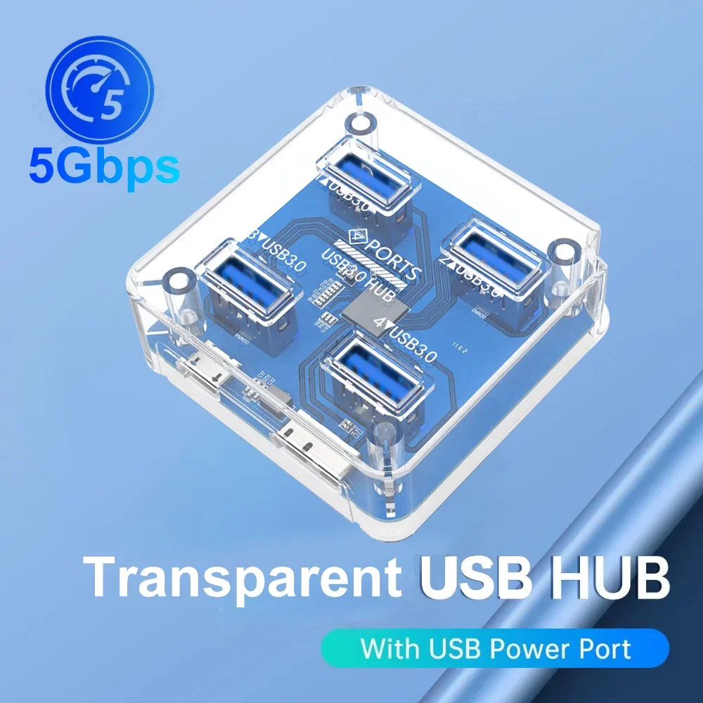 4xUSB 3.0 허브 투명 USB 도킹 스테이션 USB 어댑터 분배기 지원 데스크탑 노트북 용 외부 마이크로 USB 전원 공급 장치