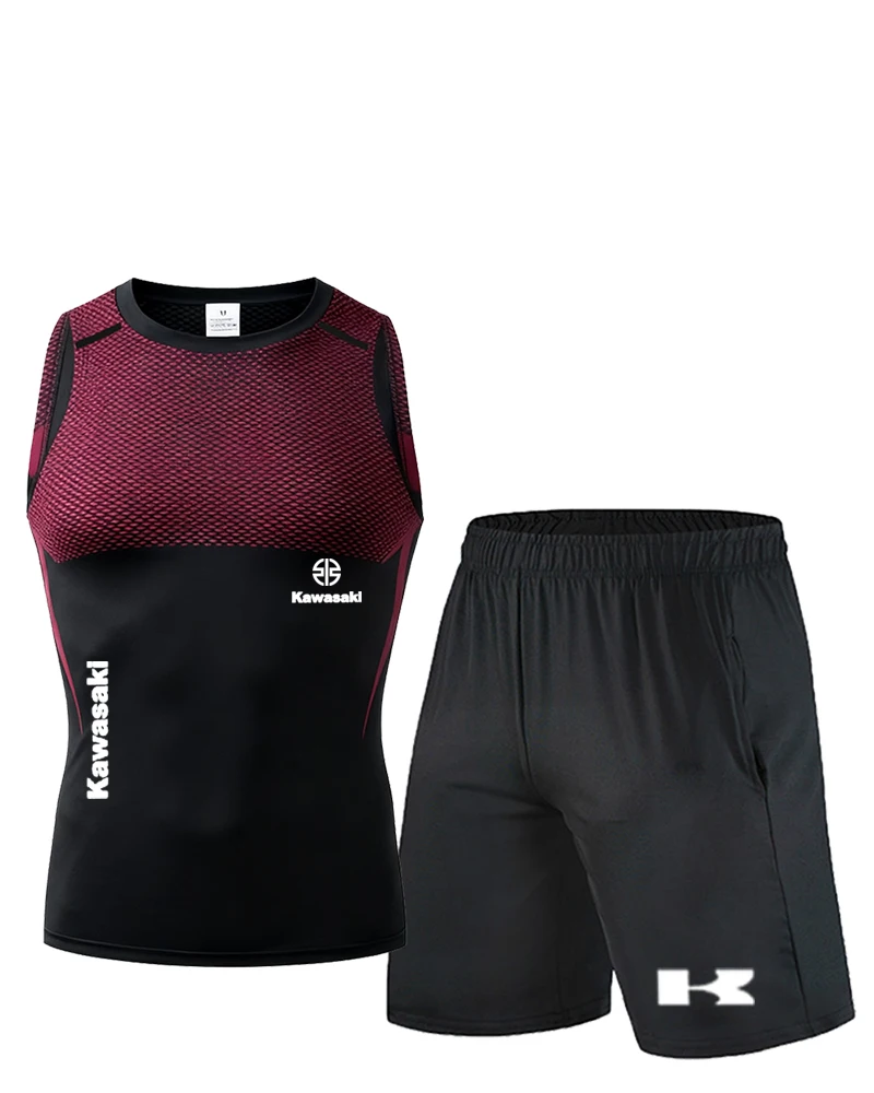 

Cross border hot selling Kawasaki cycling sports fitness vest men's breathable tight fitting T-shirt shorts set cycling suit
