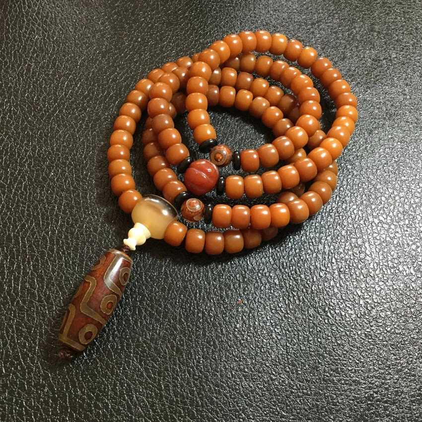 Natural 108 Beads Beeswax Buddhist Buddha Bracelet Meditation Prayer Bead Mala Bracelet Women Men Rosary Nine-eyed Agate Jewelry