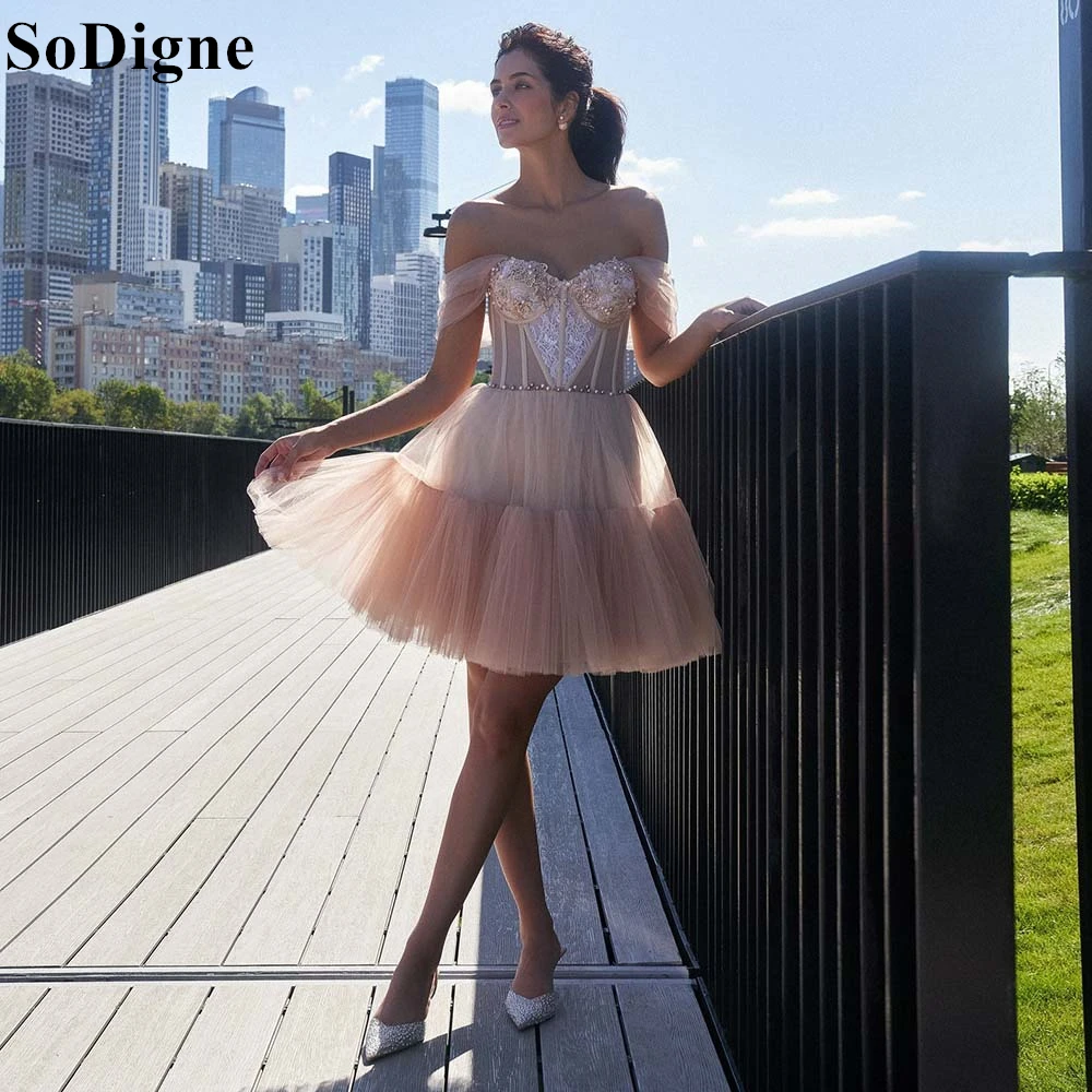 

SoDigne Elegant Tulle Short Prom Dresses A-Line Off Shoulder Beading Lace Appliques Pleated Party Mini Cocktail Gowns Customized