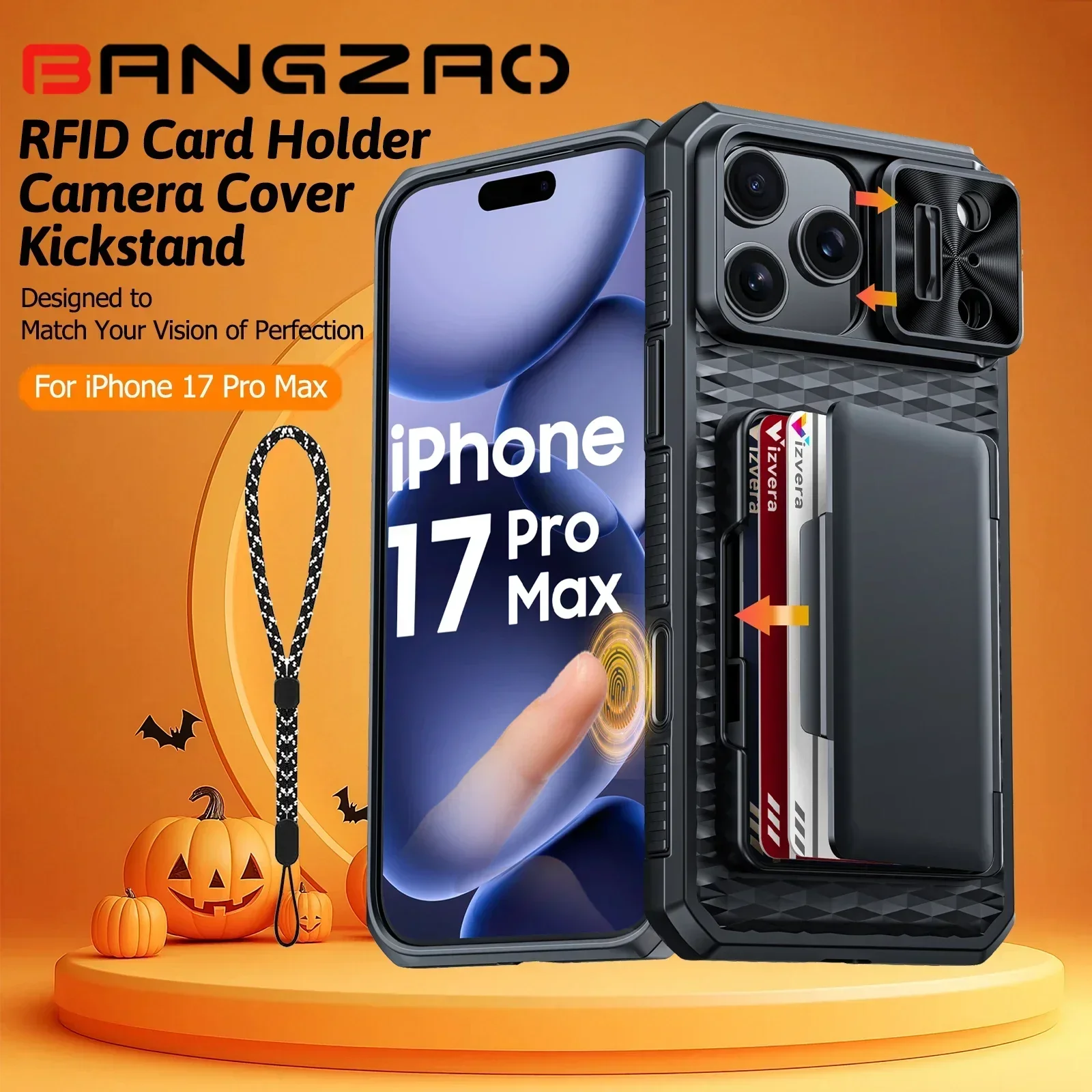 

Подарки на Хэллоуин с держателем для карт, раздвижной чехол для камеры и подставкой для iPhone 17 Pro Max, чехол-кошелек против падения ПК + ТПУ, черный