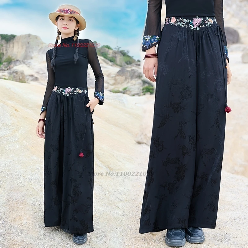 

2025 chinese vintage pants national flower embroidered satin jacquard trousers traditional ethnic elastic waist folk trousers