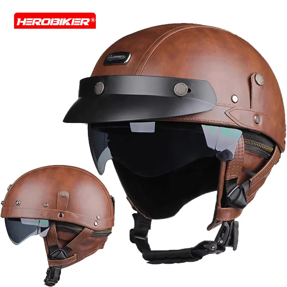 Motorcycle Helmet Pilot Retro Leather Helmet Off-road Motorcycle Riding Half Helmet All Season Universal Protective Helmet