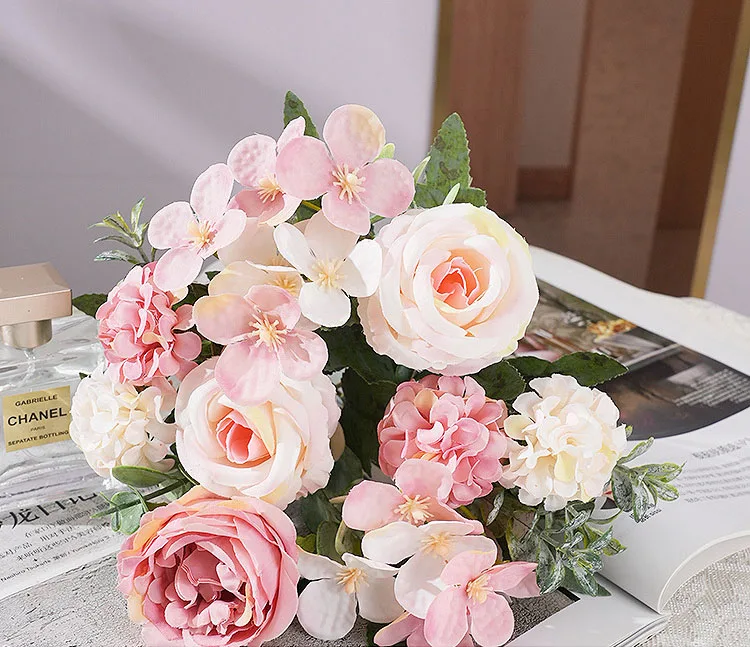 Künstliche Pfingstrose, Hortensien, rosa Rosen, Blumenstrauß, Seidenblumen für Hochzeit, Party, Blumenstrauß, gefälschte Blumenarrangements, Heimdekoration – Detail 9