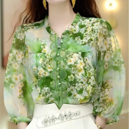 Light Luxury High-End Fashion Green Blouse for Women Summer Printed Shirt 2024 New Woman\'s Puff Sleeve Chiffon Shirt Blusas