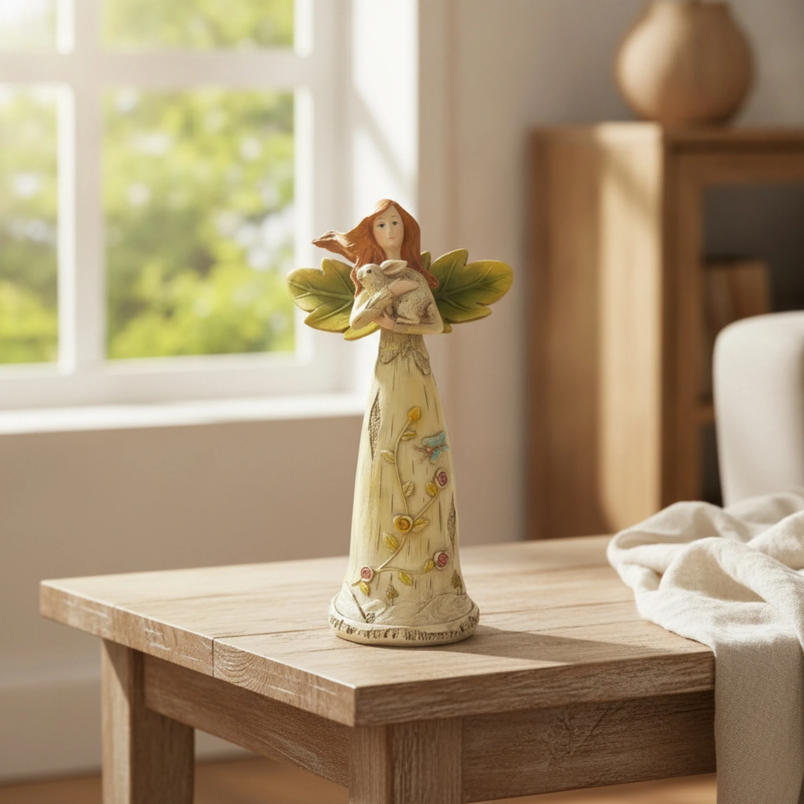 Angel Figurine with Rabbit Forest Angel Figurine Sculpture Detailed Decorative Accent Cute for Collector, Shelf, Entryway view 6