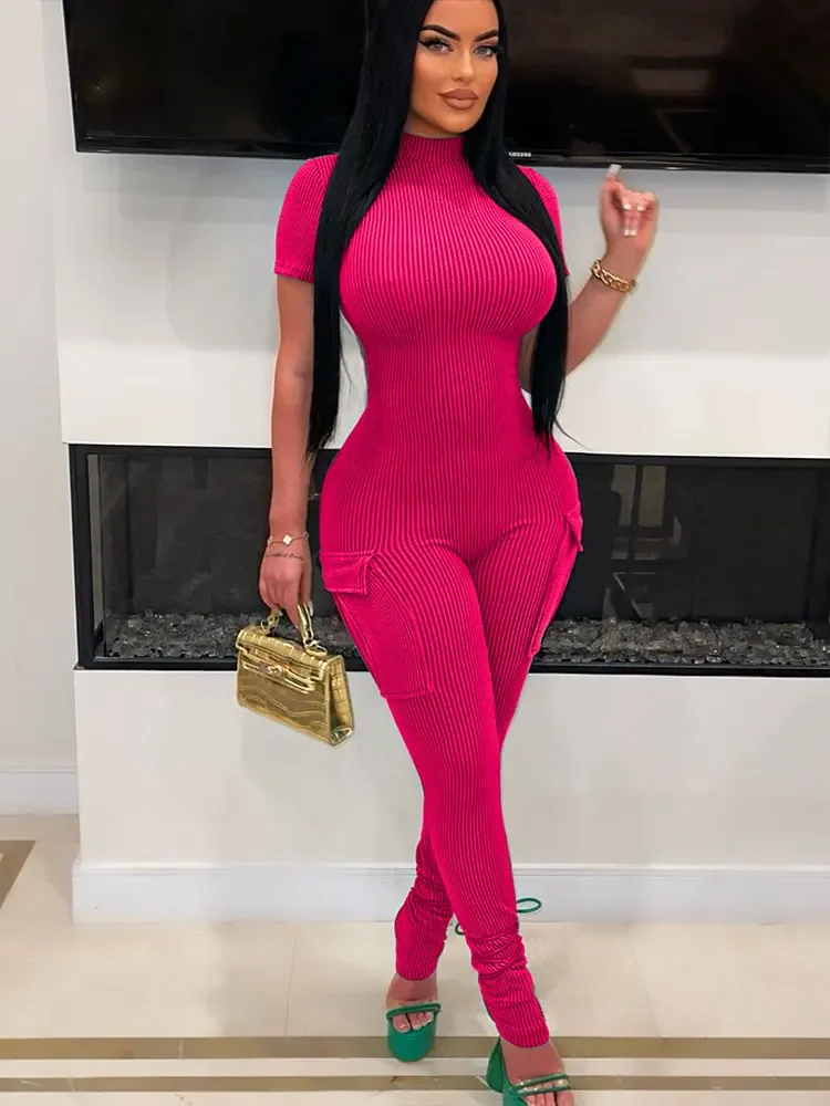 

New Women's Jumpsuits Sexy Sweet Pink Hollow Out Jumpsuit Streetwear Fashion Pockets Short Sleeve Lady Elegant Rompers Clothing