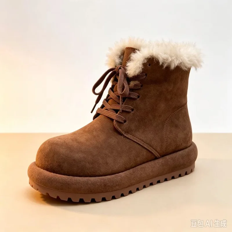 Thick-soled Lace-up Padded Warm Round-toe Short Boots, Versatile and Retro Winter Boots for Women