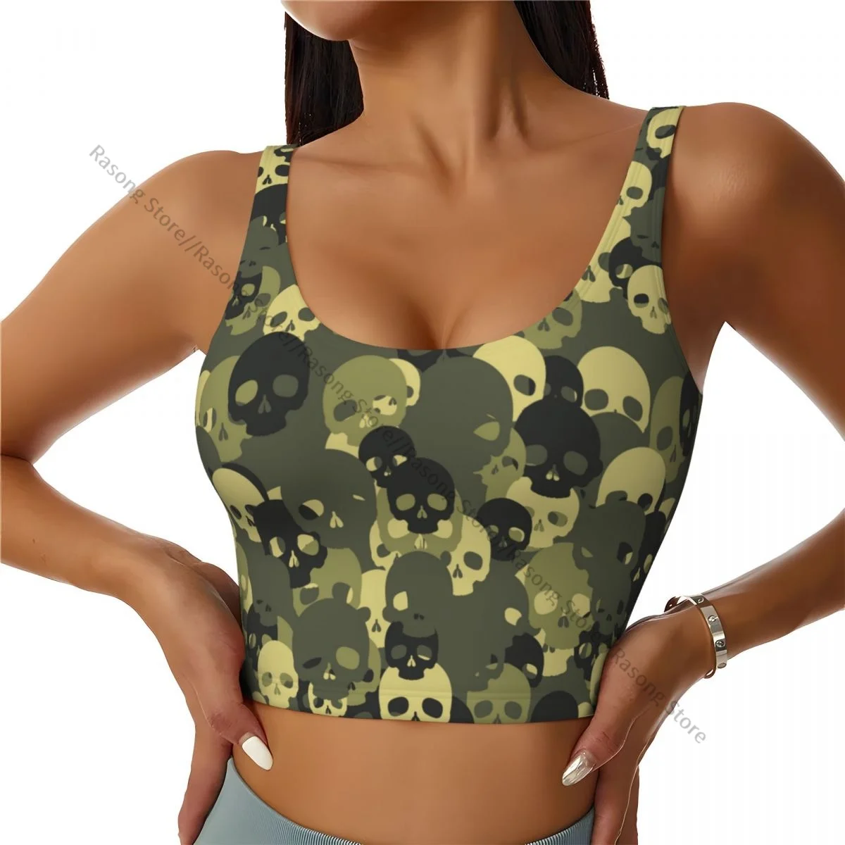 Women Sexy Sports Vest Green Skull Camouflage Female Streetwear Sport Lingerie Tee Crop Top