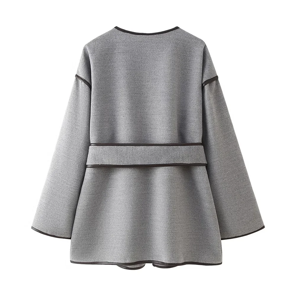 Jesienno-zimowa nowa kolekcja damskich płaszczy z wełny, dwustronny płaszcz z kontrastowym wykończeniem i paskiem.