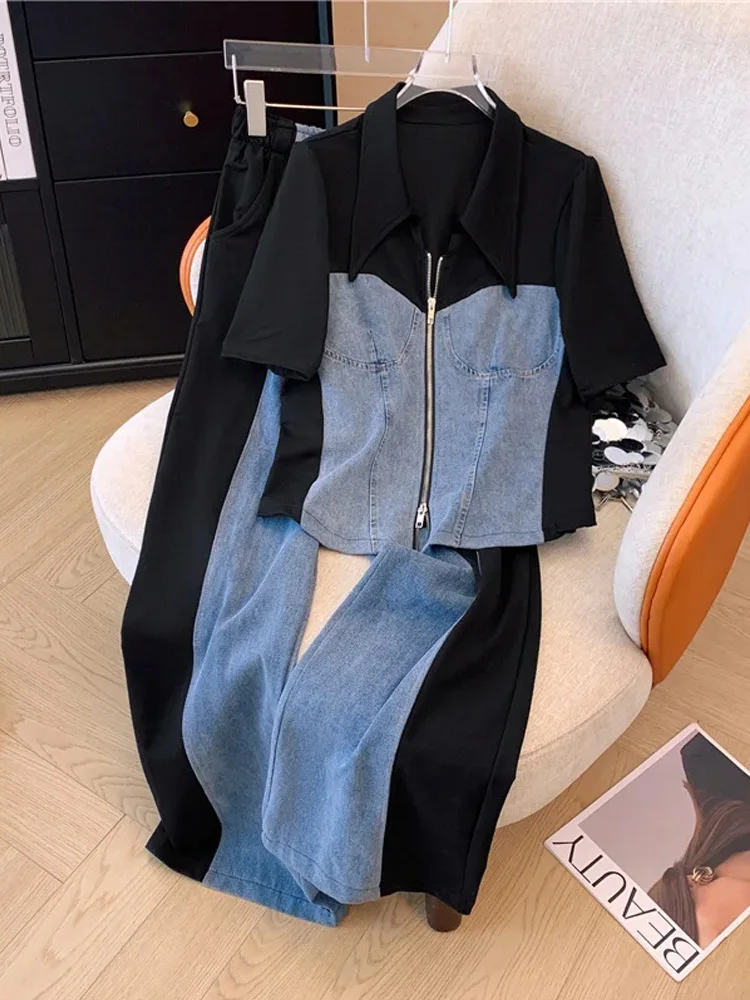 

2024 Summer New Stitched Zipper T-shirt top Female Set Elegant Women's Jeans Casual Blouse Two Piece Set Ladies Tracksuits big