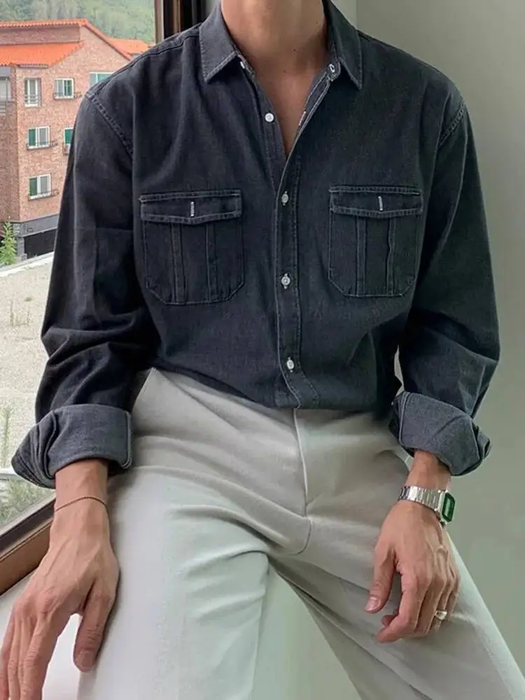 Men's Denim Shirt Retro Denim Long Sleeve Shirt High End Korean Style Trendy Loose Casual Versatile Blue Work Shirt