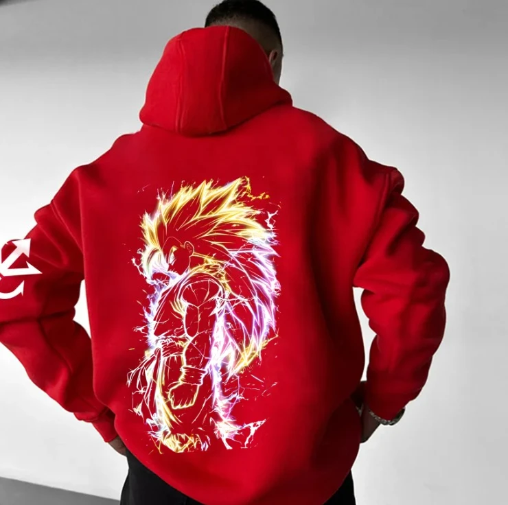 Luźna i wygodna bluza z kapturem z nadrukami postaci z anime Dragon Ball i polaru, odpowiednia zarówno dla mężczyzn, jak i kobiet.