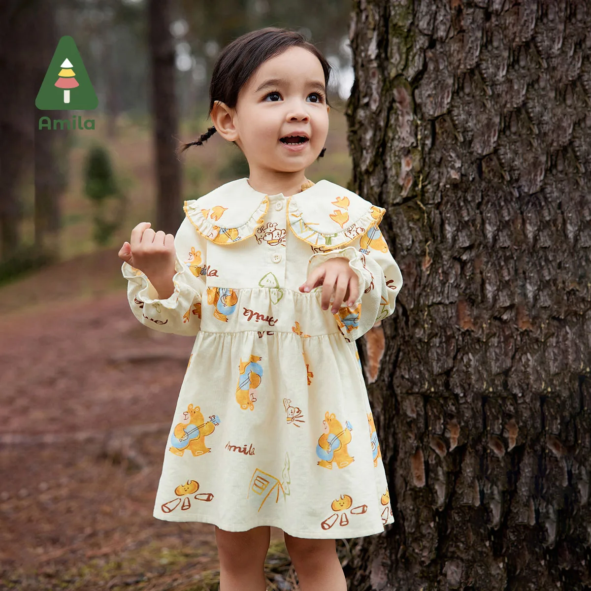 Amila Children\'s Clothing 2023 New Autumn Cute Cotton Corduroy Large Lapel Windproof And Warm Insulation Dress Girls Baby