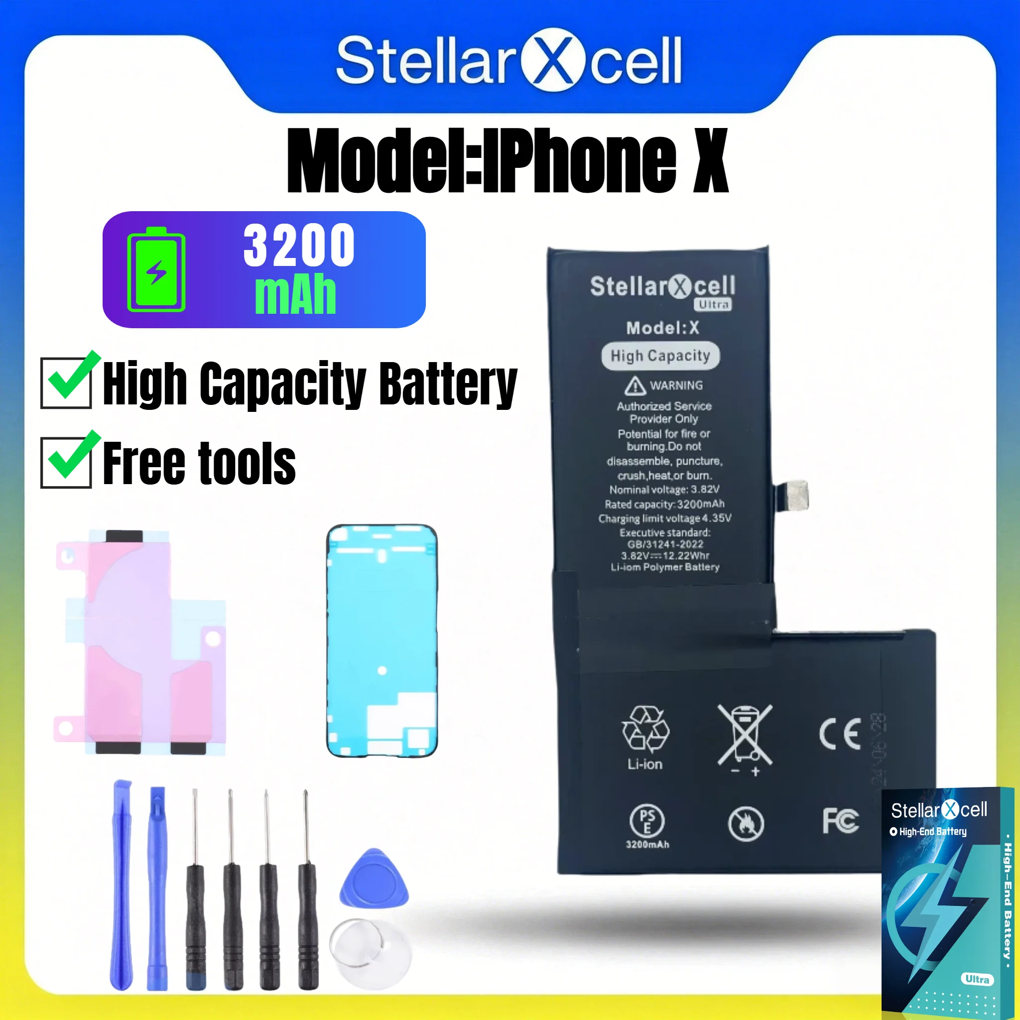 StellarXcell Ultra Akku für iPhone, Versand aus Deutschland, passend für iPhone X, XS, XR, XS Max, Hochkapazitätsakku hoher Qualität, Akkutausch mit kostenlosen Werkzeugen, null Ladezyklen,