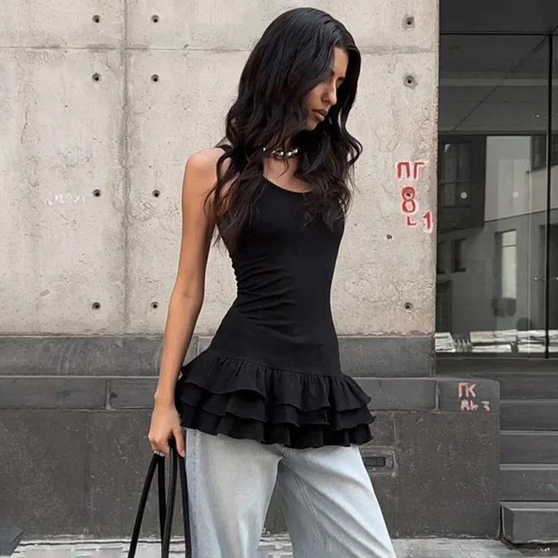 

Ruffled Sleeveless Vest Top For Women Solid Casual High Waist Slim Top Club Party Camis Fashion Splice 2025 Summer New