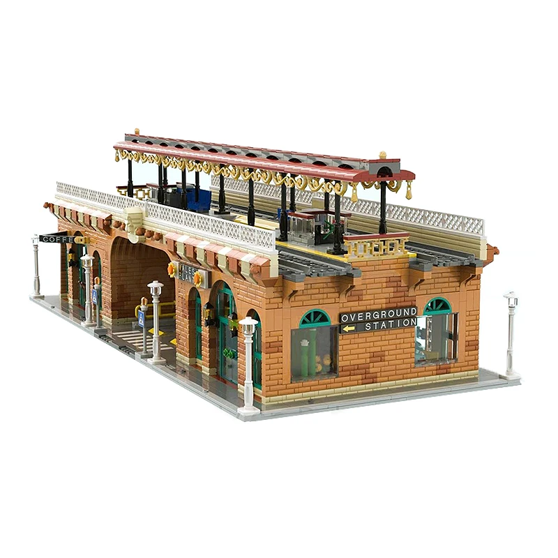 MOC Overground Station Dubbele sporen Model Street View Hoekbouwstenen Modulaire Architectuur Baksteen Gemonteerd Speelgoed Kerstcadeau