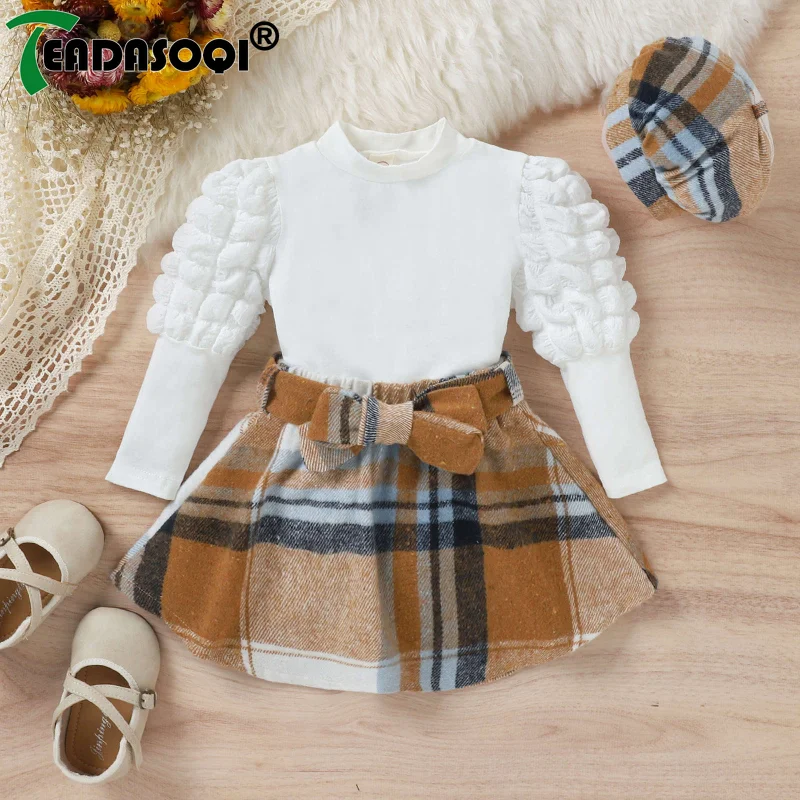 

1-6Y Toddler Kids Girls Spring Fall Clothes Suits Puff Long Sleeve Crewneck Tops+Plaid Skirt With Beret Hat 3Pcs Childrren Set