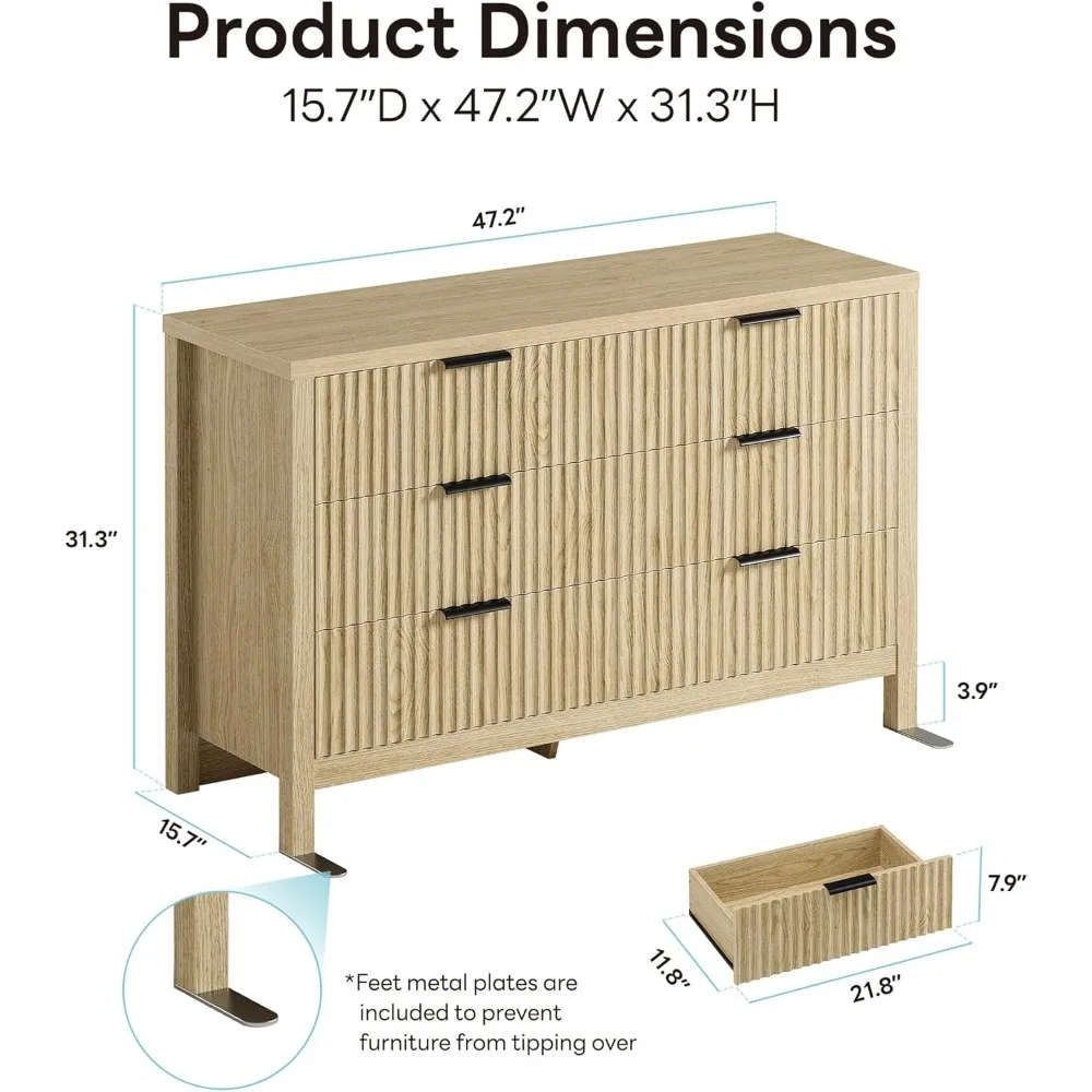 Fluted 6 Drawers Dresser for Bedroom, 47