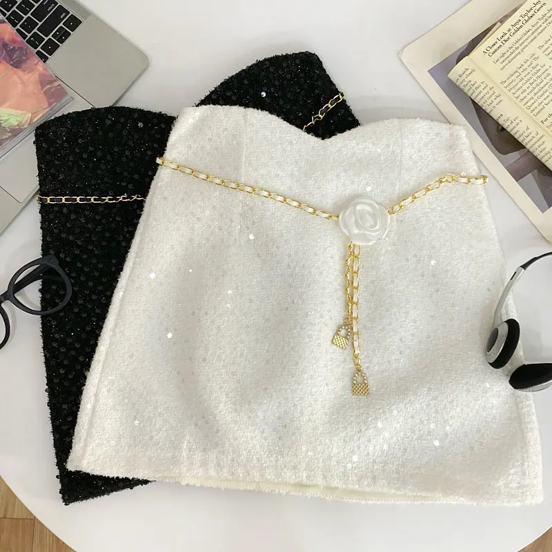 Women White A-line Mini Wrap Skirt Vintage Sequins Skirt Harajuku Korean Style Y2k High Waist Short Skirts 2000s Clothes Summer