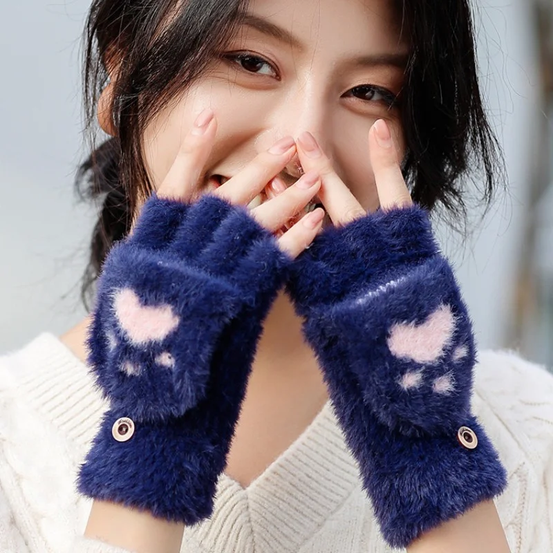 New Kawaii Women Warm Cat Gloves Fashion Girls Cat Claw Paw Plush Mittens Soft Plush Short Fingerless Half Finger Winter Gloves