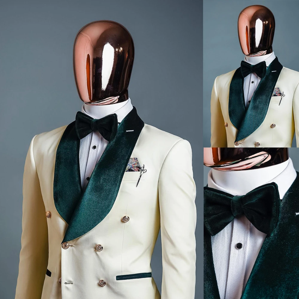 Fashion White Wedding Men Suits Tuxedos Groom Tuxedo Formal Suit 2024 Green Velvet Shawl Lapel Double Breasted 1 Piece Blazer