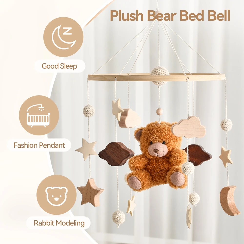 Berceau de bébé Mobile hochet en bois jouet cloche de lit Mobile suspendu velours ours en peluche poupée jouet nouveau-né boîte à musique berceau support Mobile cadeau