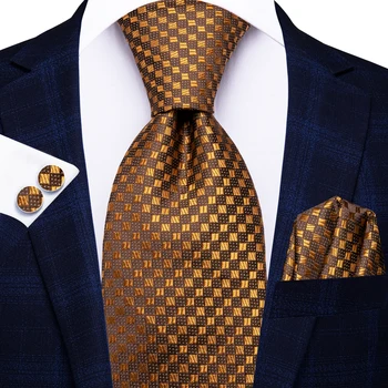 Hi-Tie Designer Gold Braun Plaid Elegante Herren Krawatte Jacquard Krawatte Zubehör Krawatte Hochzeit Business Party Einstecktuch Manschettenknöpfe Set