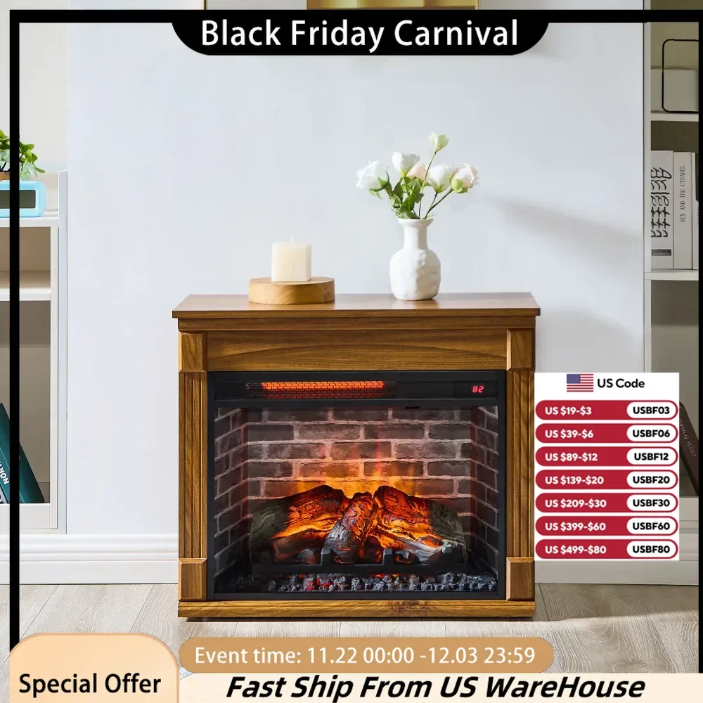 28 Inch Electric Fireplace Heater Mantel，1500W/ 5000 BTU,11 Temperature Settings,Heat Stoves with Removable Caster Wheel and LED