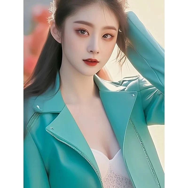 2025 جديد شيك سترة جلدية ربيع الخريف المرأة معطف قصير موضة سليم كم طويل الحلو موتور سيارة سترات من الجلد